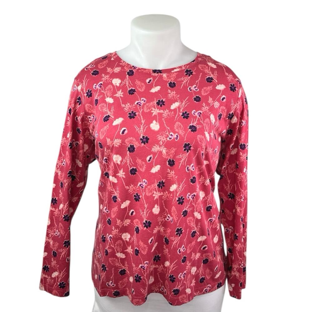 Lands' End Women's Pink Red Floral Cotton Long Sleeve Tee T-shirt Top Size XL
